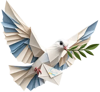 Gevouwen papieren duif met uitgespreide blauw-witte vleugels draagt een groene tak en een envelop.