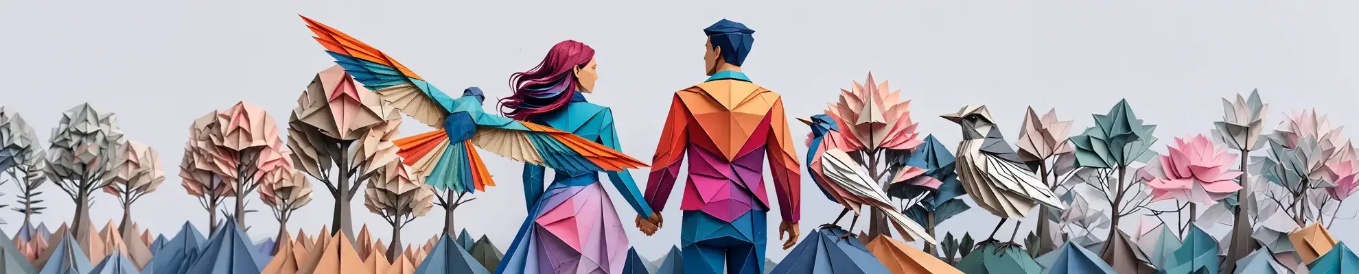 BannerGeelhoed4a.webp Kleurrijke origami-illustratie van een hand in hand staand paar, omringd door vliegende en zittende vogels en gevouwen bomen.