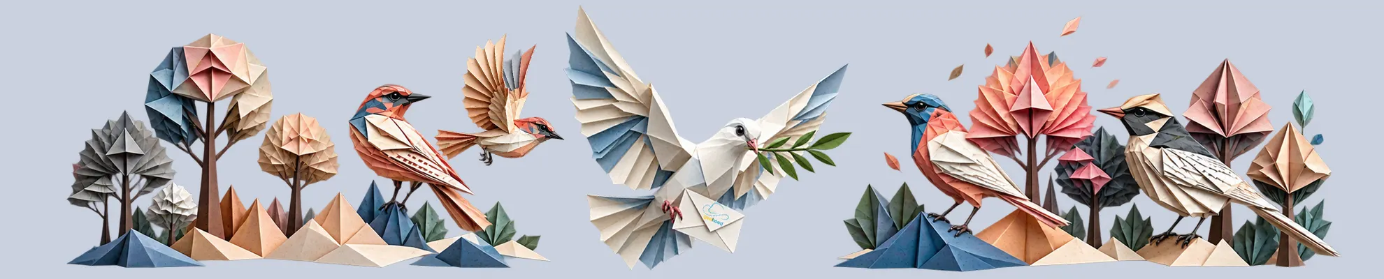contact.webp Origamivogels tussen geometrische bomen, met centraal een vliegende witte duif die een groene tak en envelop draagt.