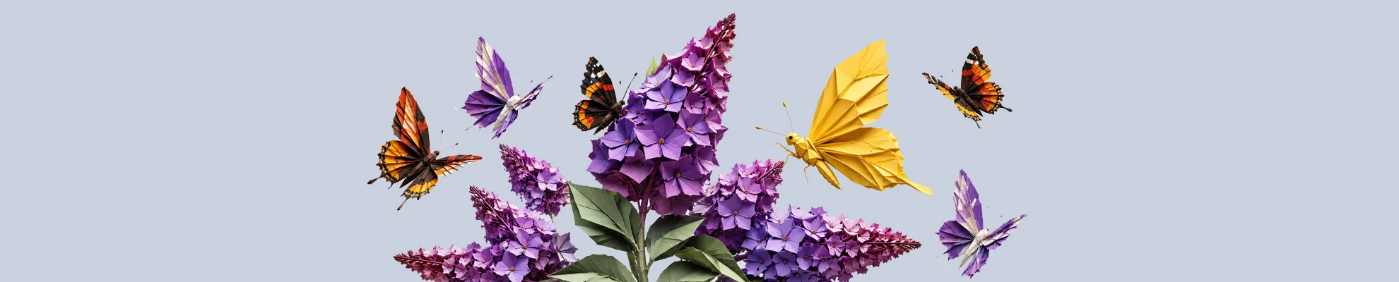 BannerGeelhoed3.webp Zes gevouwen papieren vlinders rond paarse bloemt