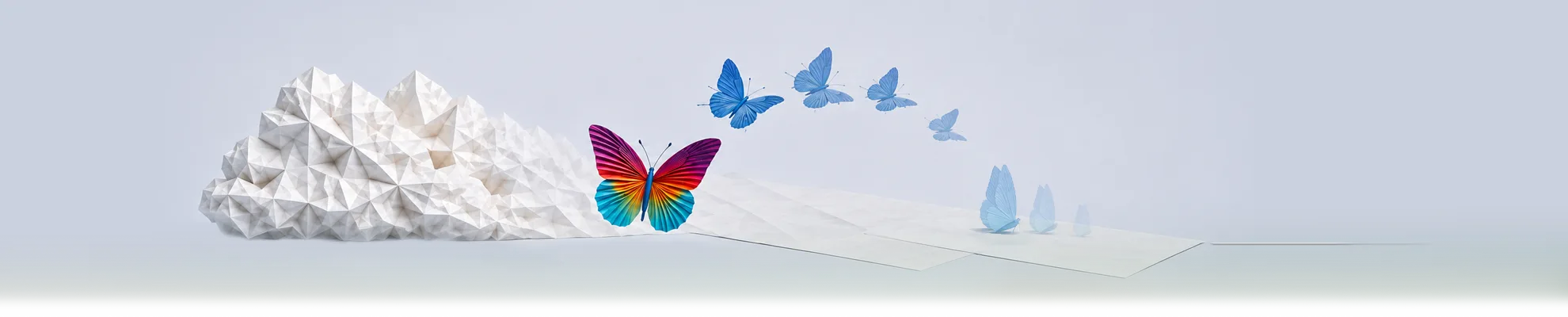 BannerGeelhoed2.webp Veelkleurige vlinder naast een witte, geometrisch gevouwen vorm, met meerdere blauwe vlinders erboven en op de achtergrond.
