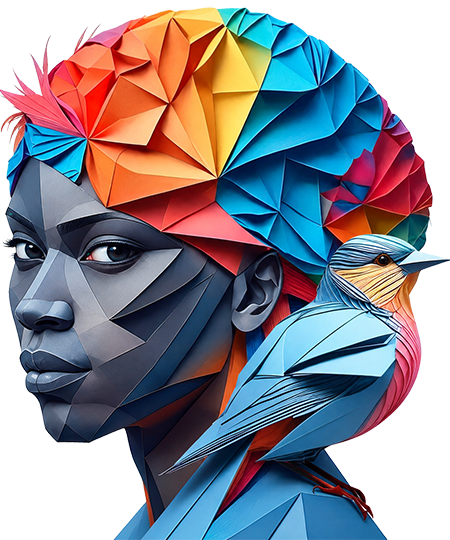 Gestileerd portret van een vrouw met een kleurrijke, geometrische hoofddoek en een blauw-roze vogel op haar schouder.