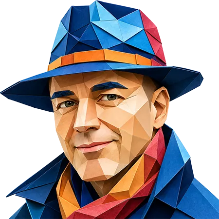 Gestileerd geometrisch portret van een man met een blauwe hoed en jas en een rood-oranje sjaal.