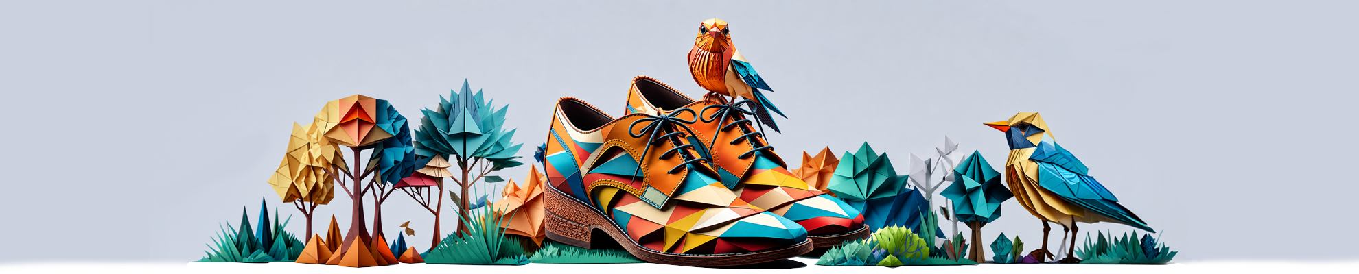 SEO Opbouw Twee kleurrijke geometrische veterschoenen tussen gestileerde bomen en planten, met een vogel erop en een vogel ernaast.