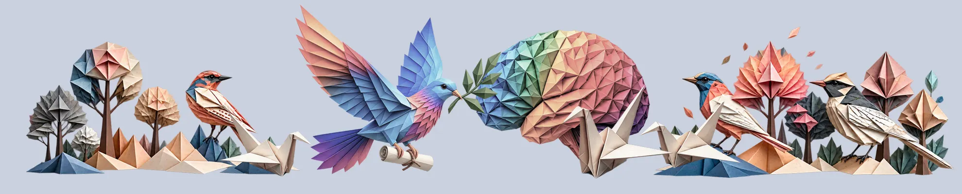 SEO Opbouw Kleurrijke origamivogels en kraanvogels tussen geometrische bomen, met centraal een vliegende vogel naast een grote veelkleurige boomkruin.