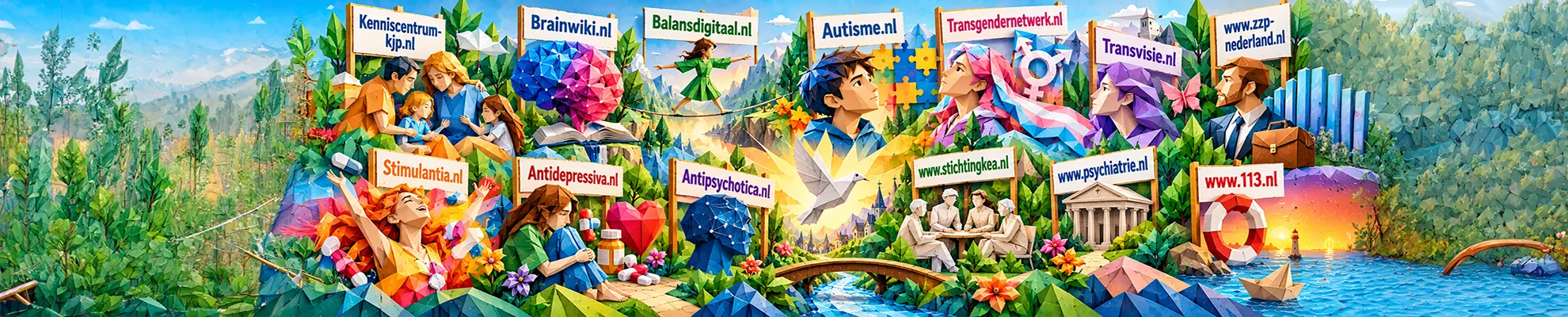 SEO Opbouw Kleurrijke geometrische illustratie van mensen, bloemen, bergen en water, met borden waarop verschillende Nederlandse websites staan.